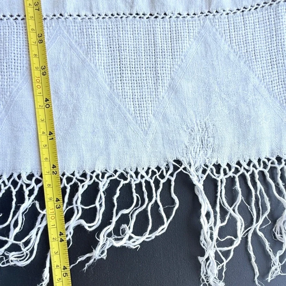 Vintage White Linen Table Runner Embroidered Fringed Edge 23x47 Home Decor